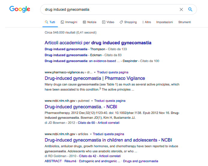 Ricerca di “drug induced gynecomastia” in Google