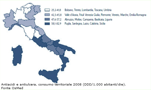 Antiacidi e antiulcera, consumo territoriale 2008 (DDD/1.000 abitanti/die)